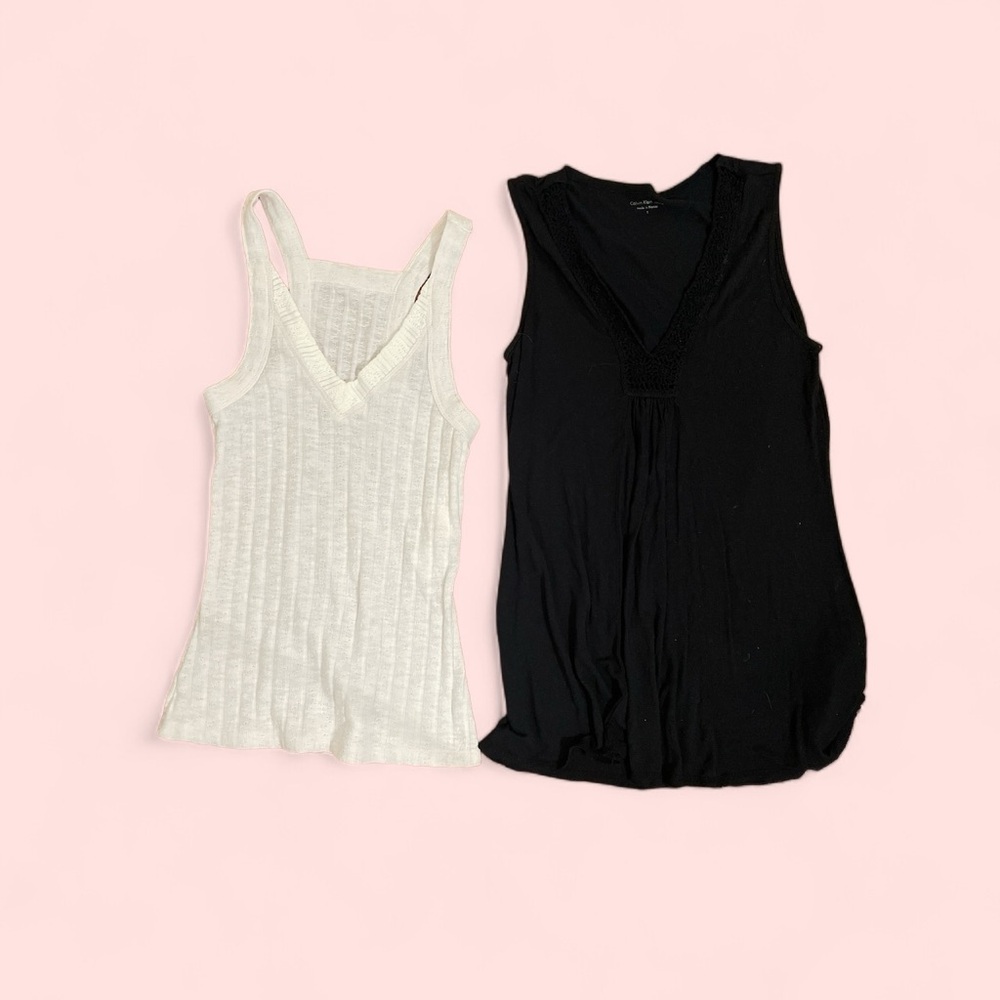 Lot 2 women’s tops black w crochet & white ribbed sweater sleeveless S staples